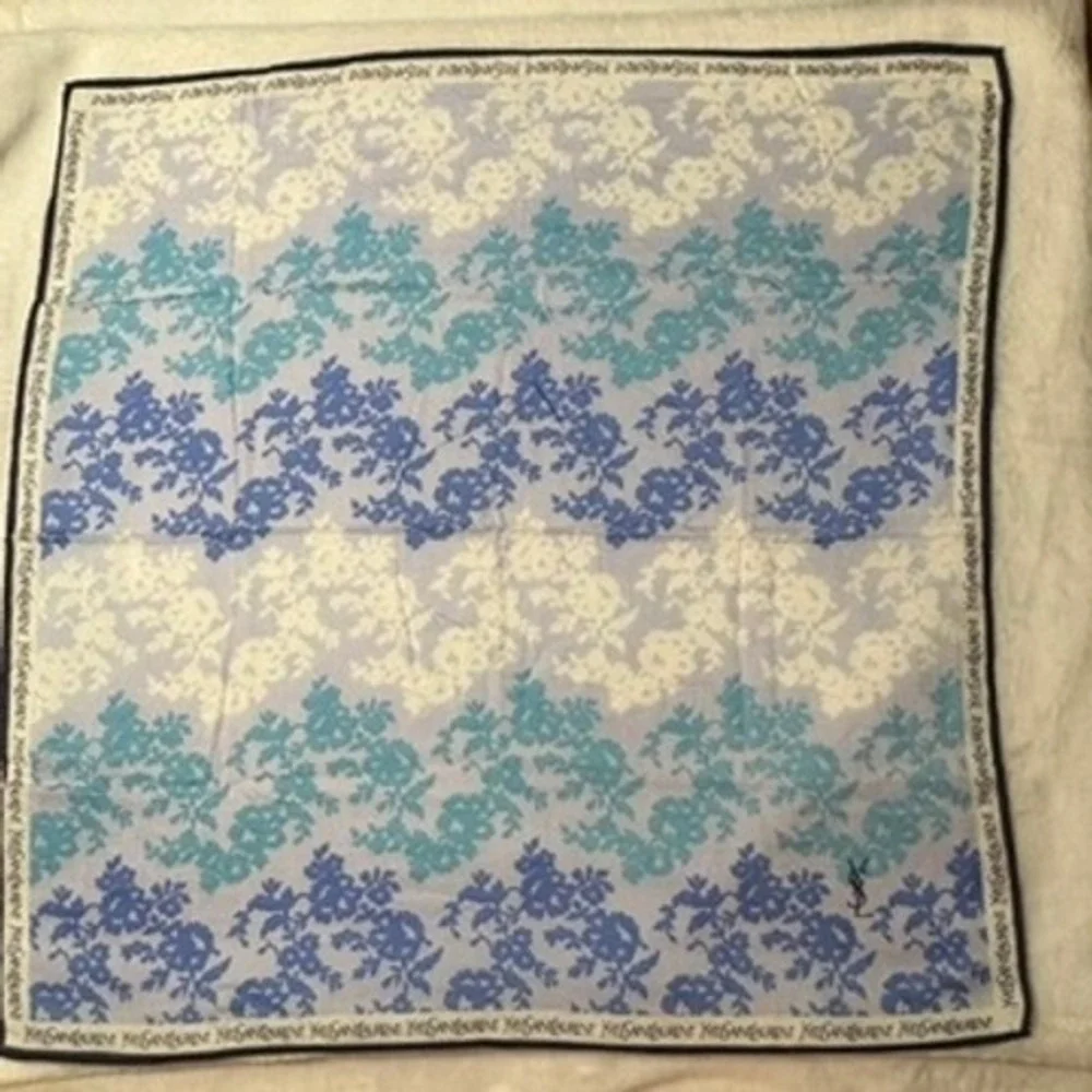 Vtg YVES SAINT LAURENT Scarf Handkerchief Floral Blue 21.5